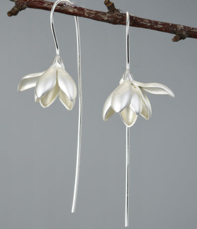 Female Magnolia Flower Sterling Silver Earrings-Jewearrings