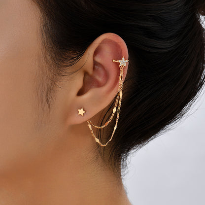 Ear Bone Clip Ear Line Integrated Long Tassel Earrings Micro Set Zircon Five Pointed Star Earrings Ear Clip Jewelry-Jewearrings