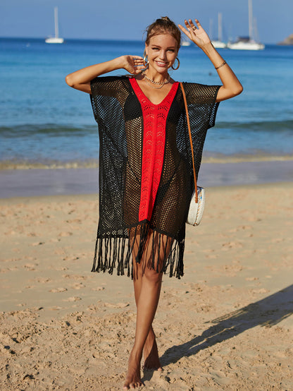 Contrast Fringe Trim Openwork Cover-Up Dress-Jewearrings