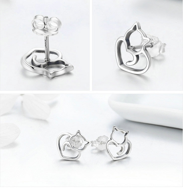 new simple silver cat earrings female s925 sterling silver hollow female earrings small animal silver-Jewearrings