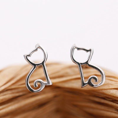 Cute wild 925 sterling silver (cartoon hollow asymmetrical cat earrings) Japanese and Korean simple earrings-Jewearrings