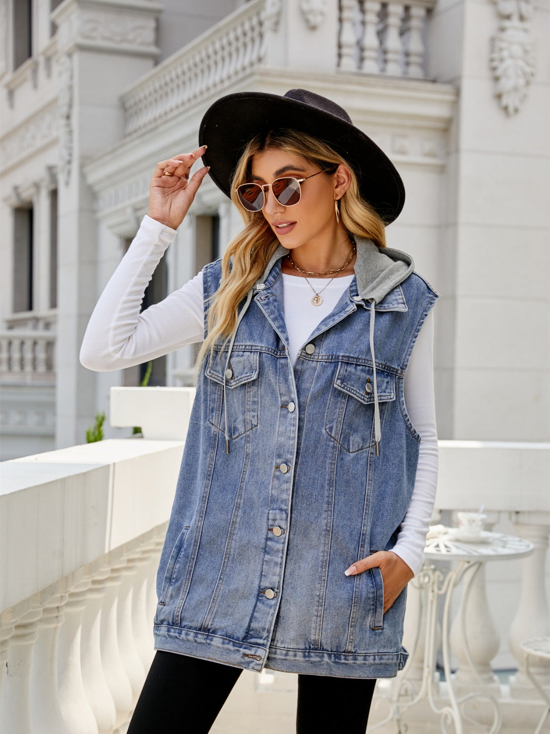 Drawstring Pocketed Button Up Sleeveless Denim Jacket-Jewearrings