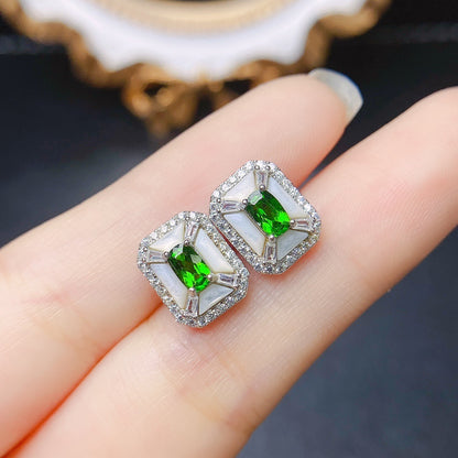 Natural Diopside Stud Earrings S925 Silver Inlaid Main Stone-Jewearrings