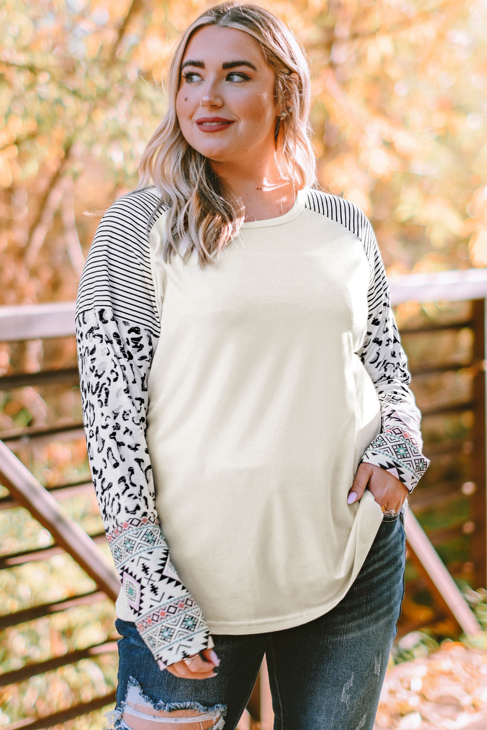 Plus Size Mixed Print Raglan Sleeve Round Neck Top-Jewearrings