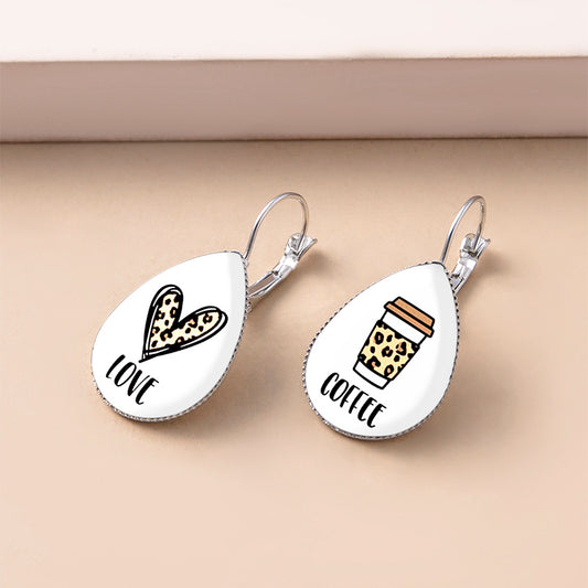 Funny Love Coffee Doodle Glass Dangle Earrings For Women-Jewearrings