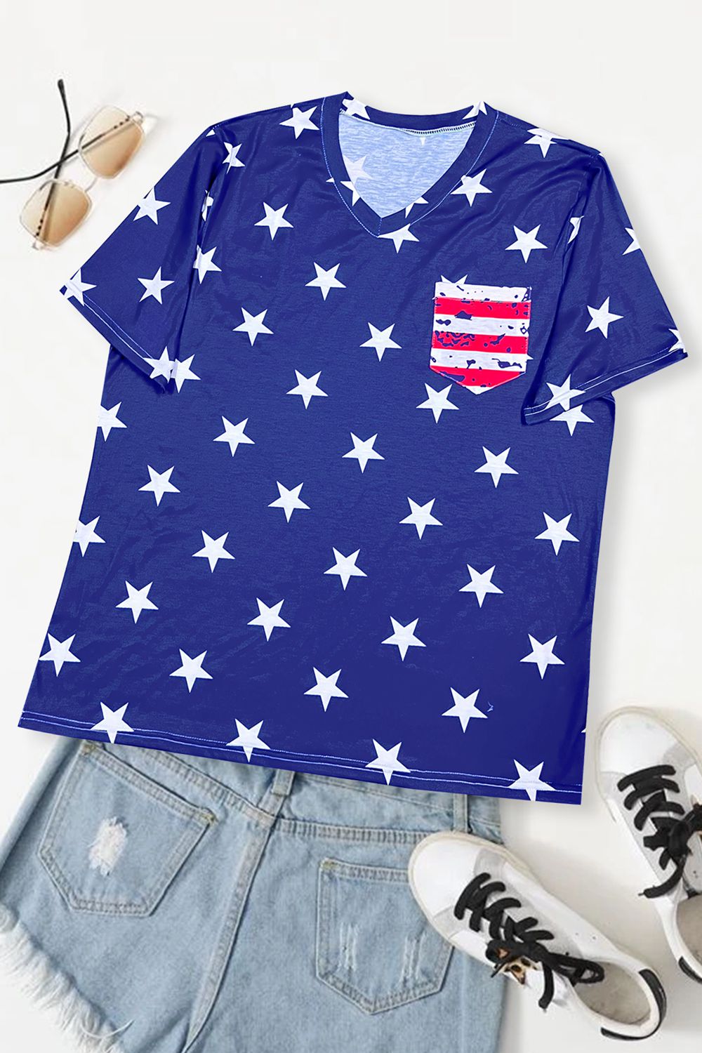 V-Neck Short Sleeve US Flag T-Shirt-Jewearrings