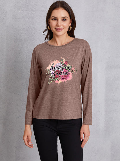 AMAZING GRACE Round Neck Long Sleeve T-Shirt-Jewearrings