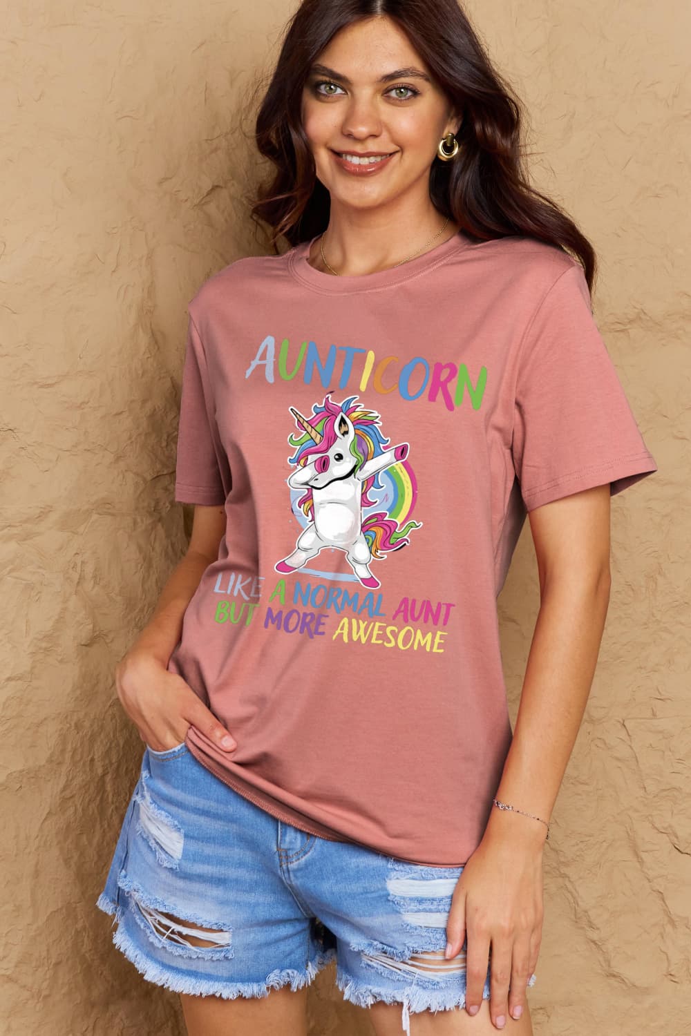 Simply Love Full Size AUNTICORN LIKE A NORMAL AUNT BUT MORE AWESOME Graphic Cotton Tee-Jewearrings