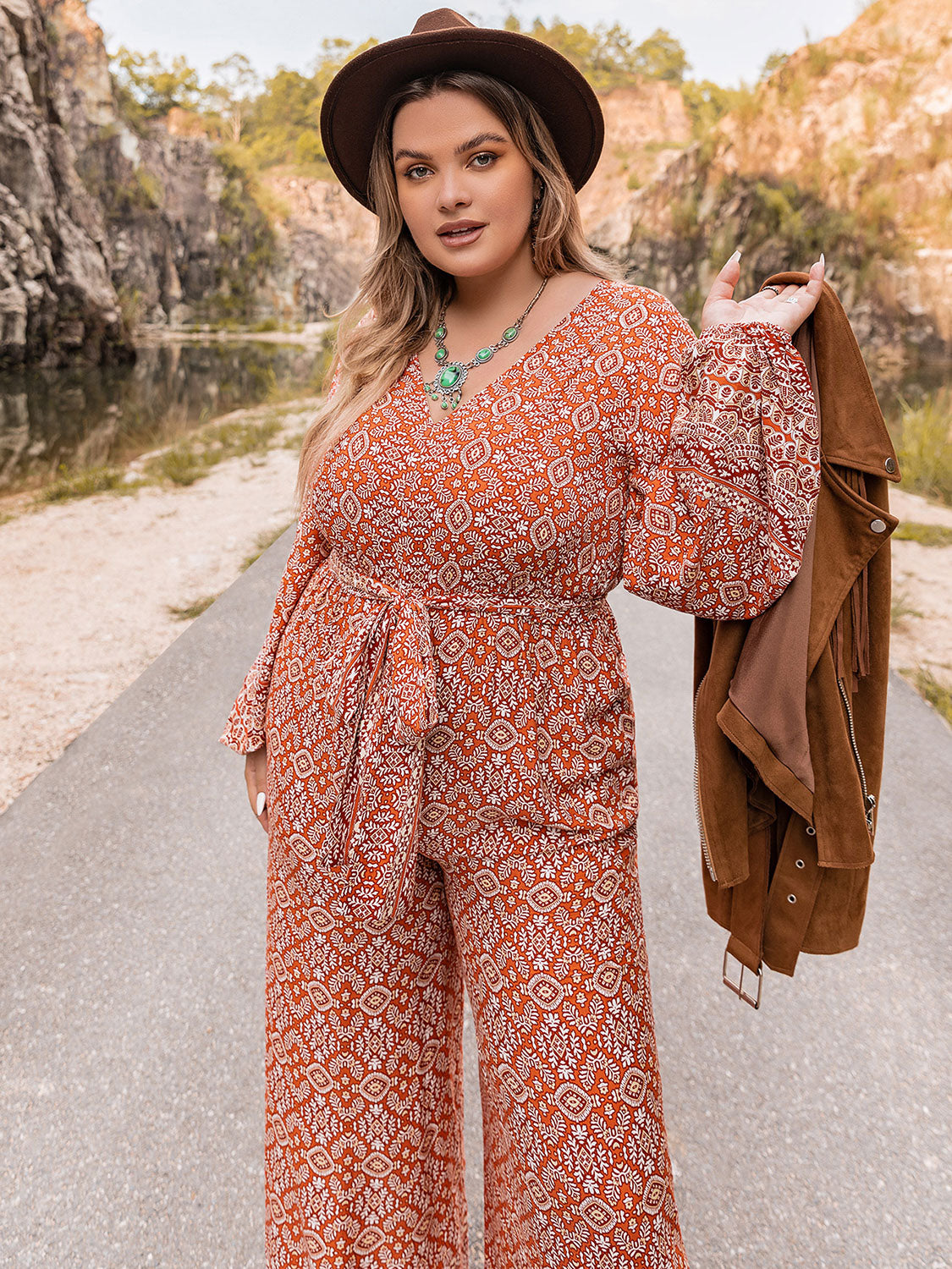 Plus Size Printed V-Neck Tie Front Balloon Sleeve Jumpsuit-Jewearrings