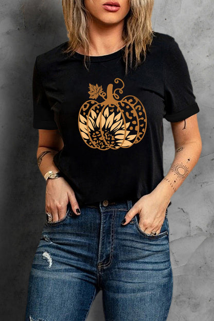 Round Neck Short Sleeve Pumpkin Graphic T-Shirt-Jewearrings