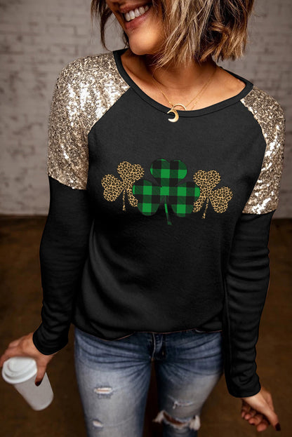 Lucky Clover Sequin Round Neck T-Shirt-Jewearrings