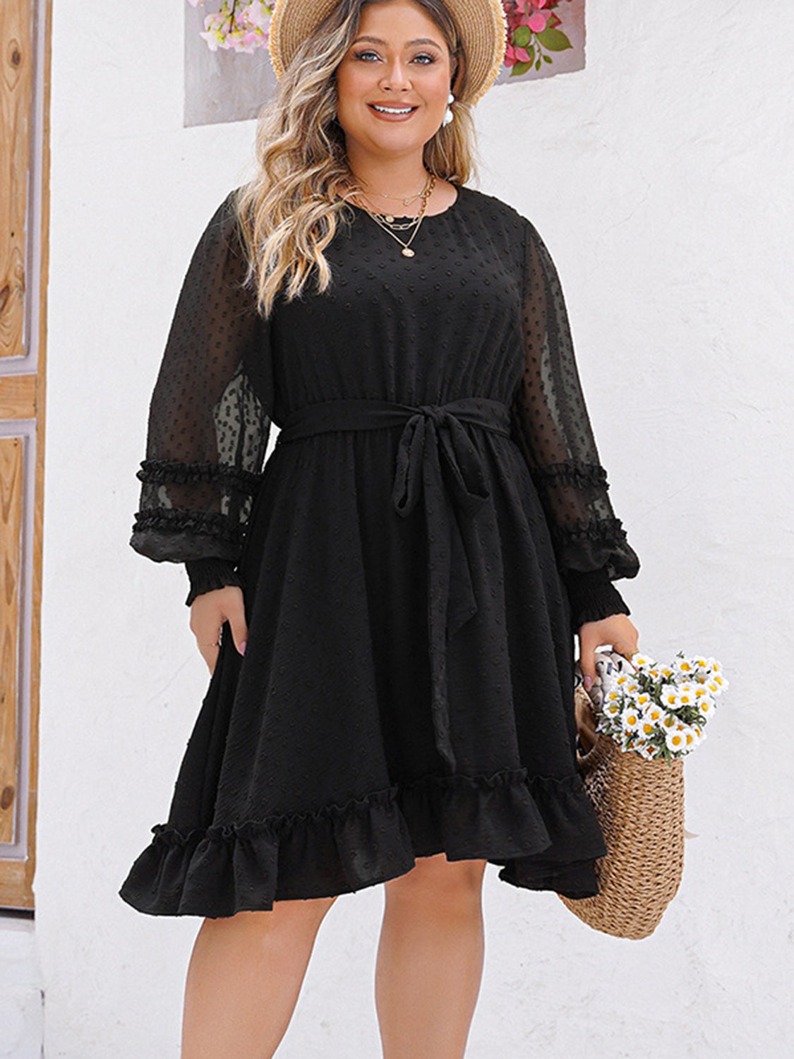 Plus Size Swiss Dot Round Neck Long Sleeve Dress-Jewearrings