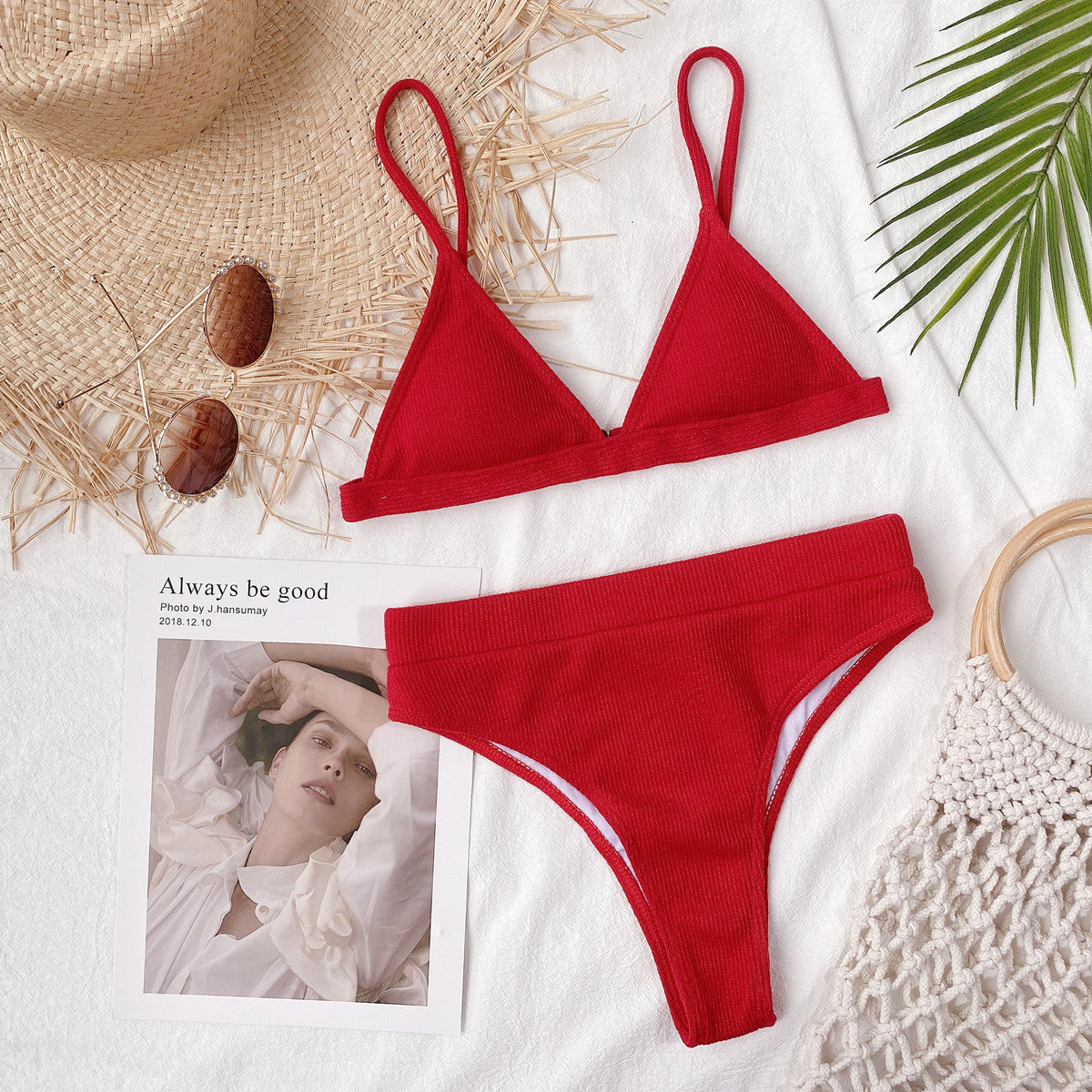 Spaghetti Strap Ribbed Bikini Set-Jewearrings