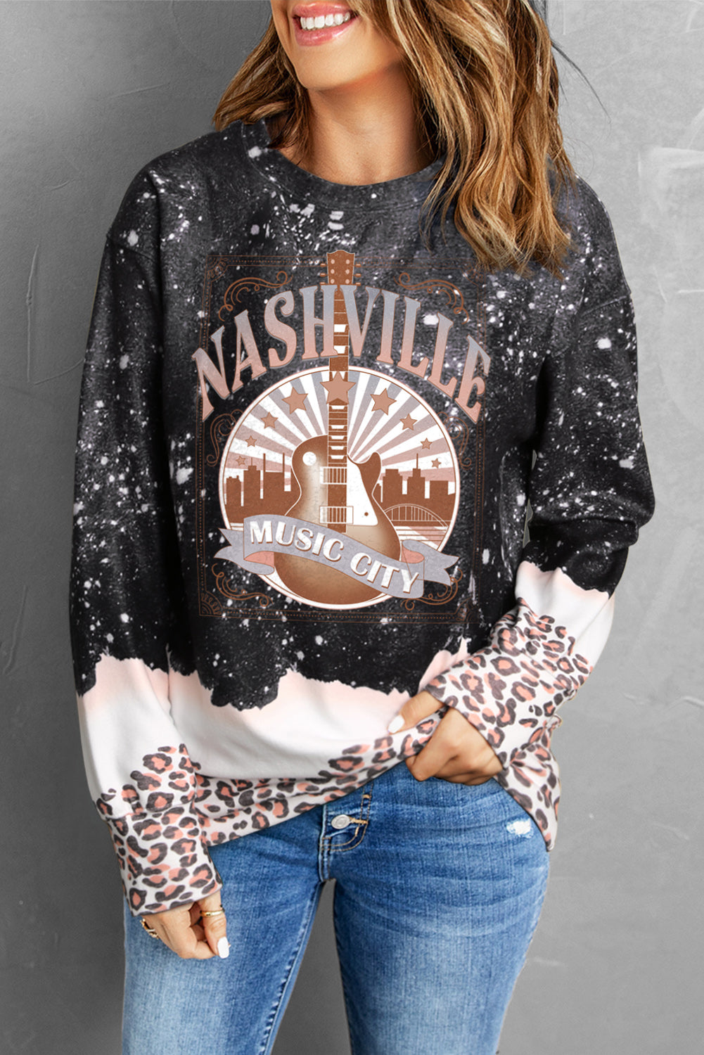 Printed NASHVILLE MUSIC CITY Graphic Sweatshirt-Jewearrings