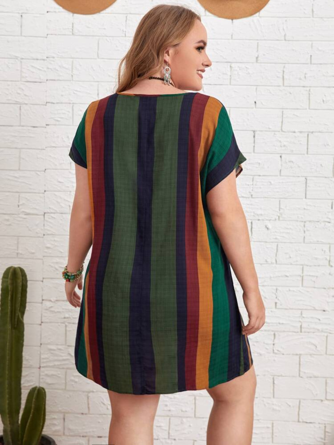 Plus Size Striped Short Sleeve Mini Dress-Jewearrings