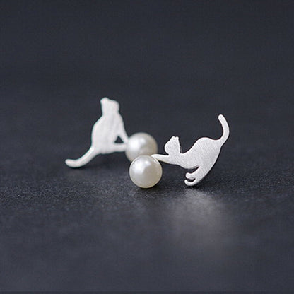 Kitty pearl brushed earrings creative personality asymmetric girl earrings-Jewearrings