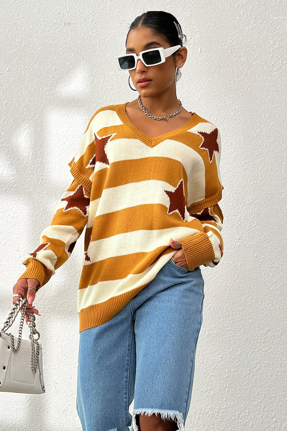 Star Pattern V-Neck Cutout Sweater-Jewearrings