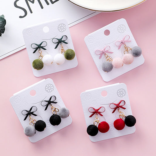 Korean version of the sweet bow velvet small hair ball earrings female temperament hair ball earrings plush autumn and winter new earrings-Jewearrings