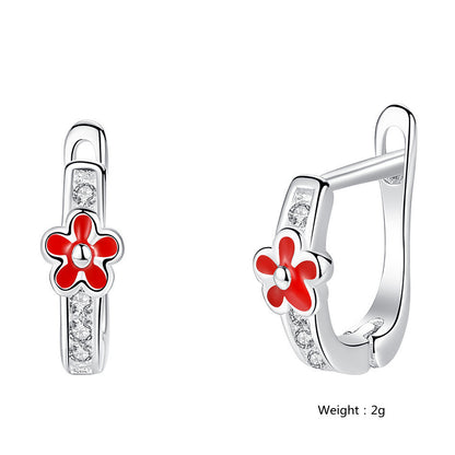 S925 Sterling Silver Drop Oil Red Flower Earrings For Children-Jewearrings