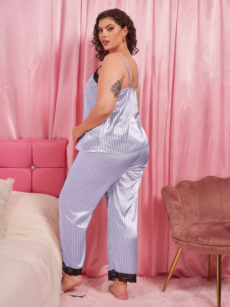 Plus Size Vertical Stripe Lace Trim Cami and Pants Pajama Set-Jewearrings