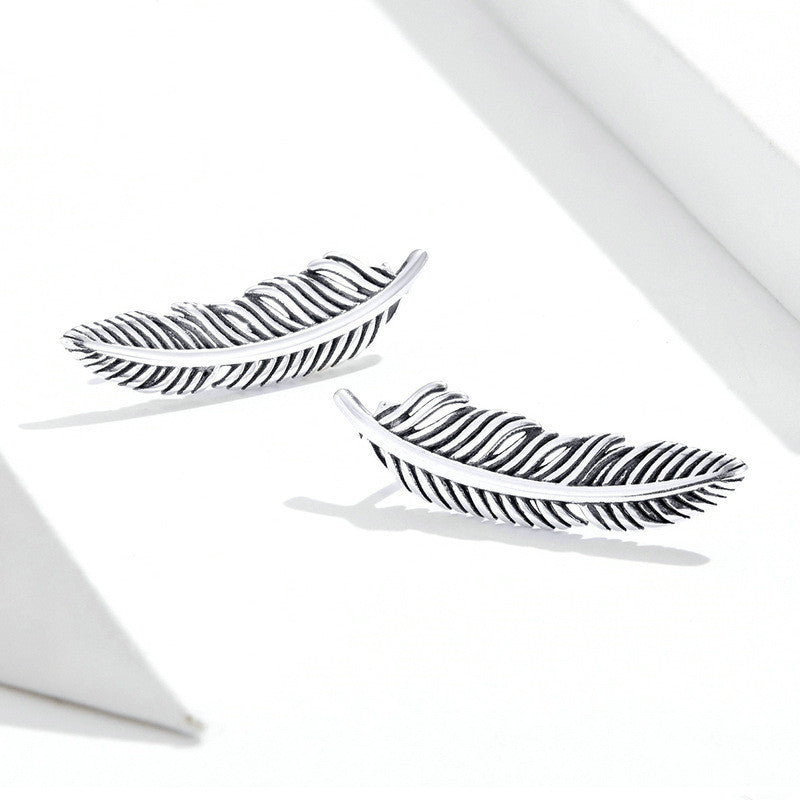 Women's Fashion Retro Sterling Silver Stud Earrings Feathers-Jewearrings