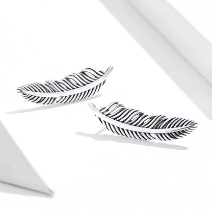 Women's Fashion Retro Sterling Silver Stud Earrings Feathers-Jewearrings