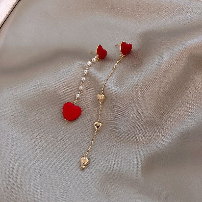 925 Silver Post Sweet Little Red Heart Earrings Asymmetric-Jewearrings