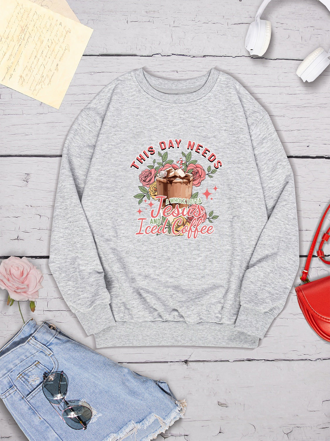 Letter Graphic Round Neck Sweatshirt-Jewearrings