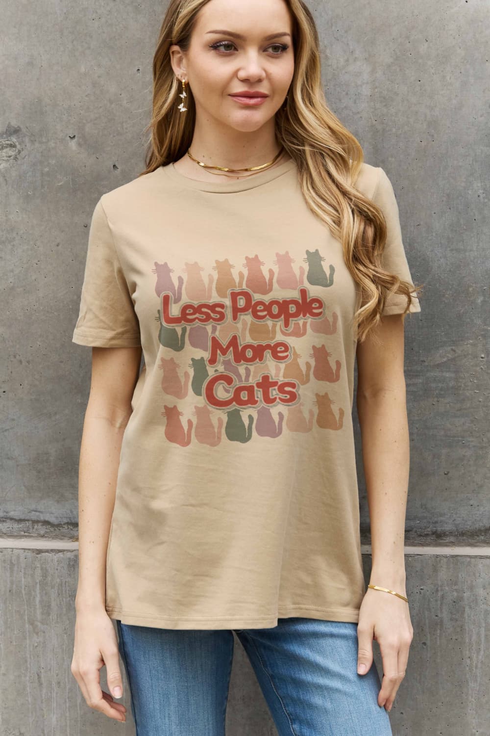 Simply Love Full Size LESS PEOPLE MORE CATS Graphic Cotton Tee-Jewearrings