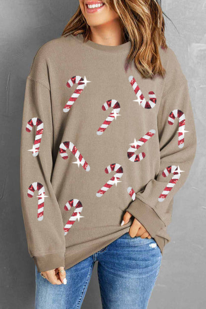 Sequin Candy Cane Round Neck Sweatshirt-Jewearrings