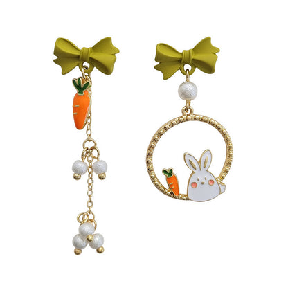 S925 Silver Needle Rabbit Carrot Bow Pearl Tassel Asymmetric Earrings-Jewearrings