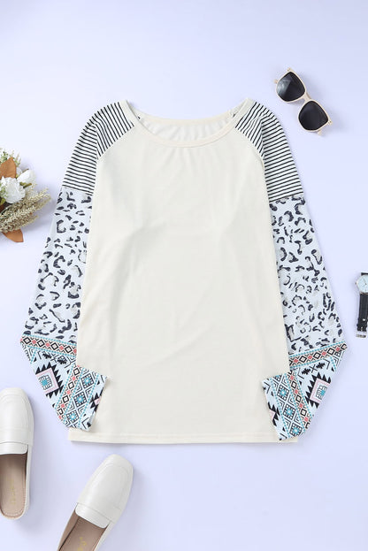 Plus Size Mixed Print Raglan Sleeve Round Neck Top-Jewearrings