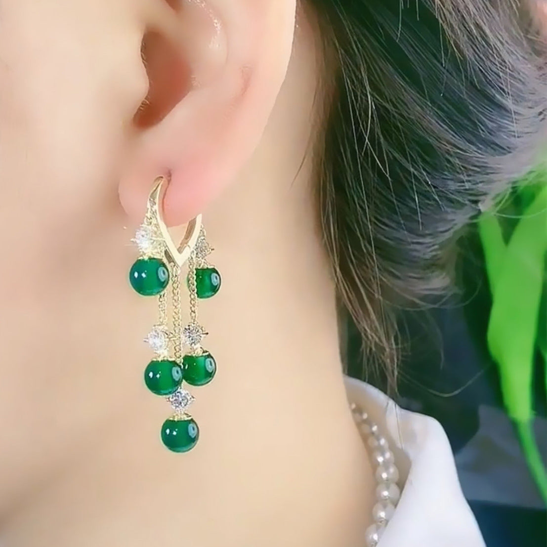 Niche Design Emerald Opal All-match Heart-shaped Tassel Earrings-Jewearrings