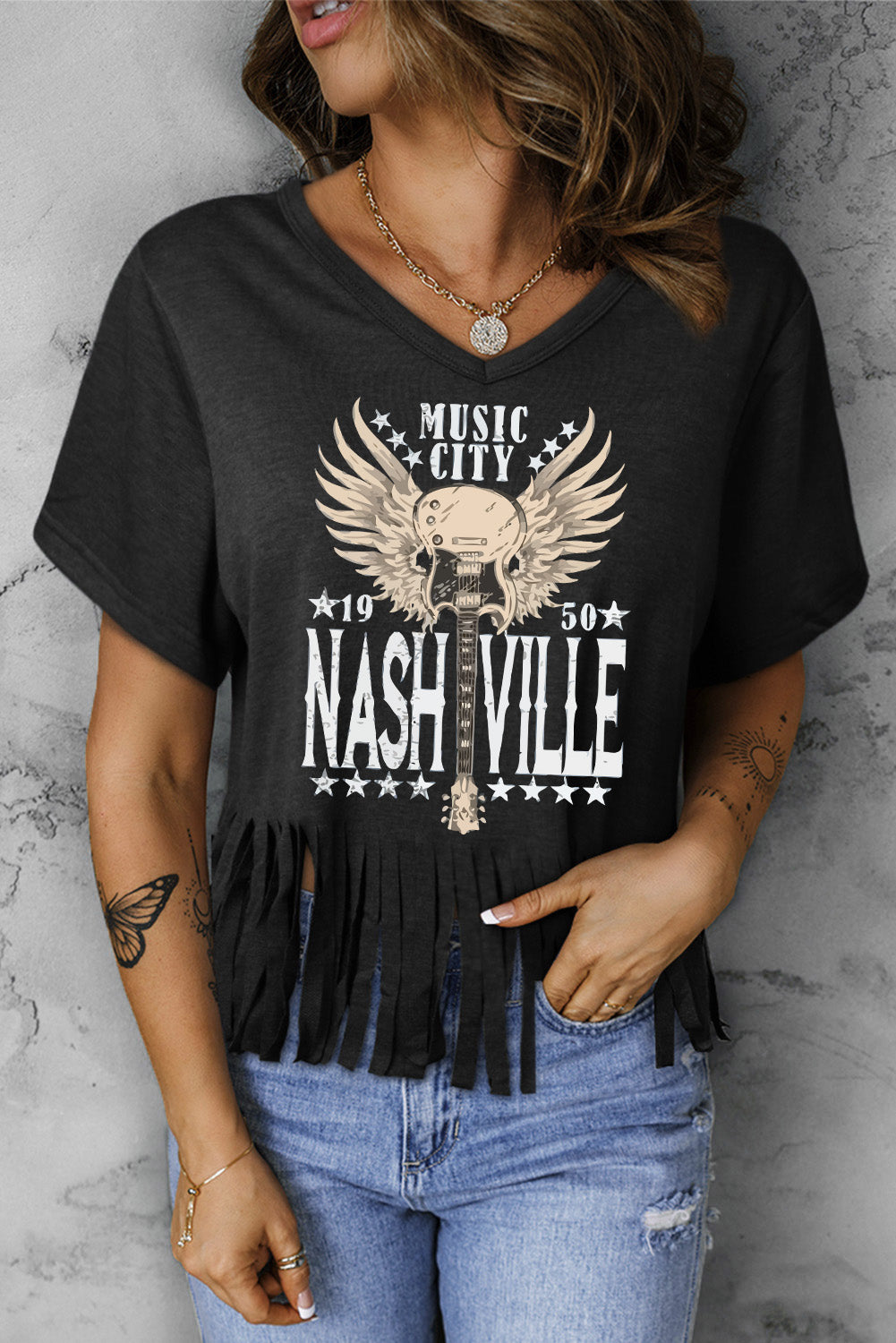 MUSIC CITY 1950 NASHVILLE Graphic Fringe Hem Tee-Jewearrings