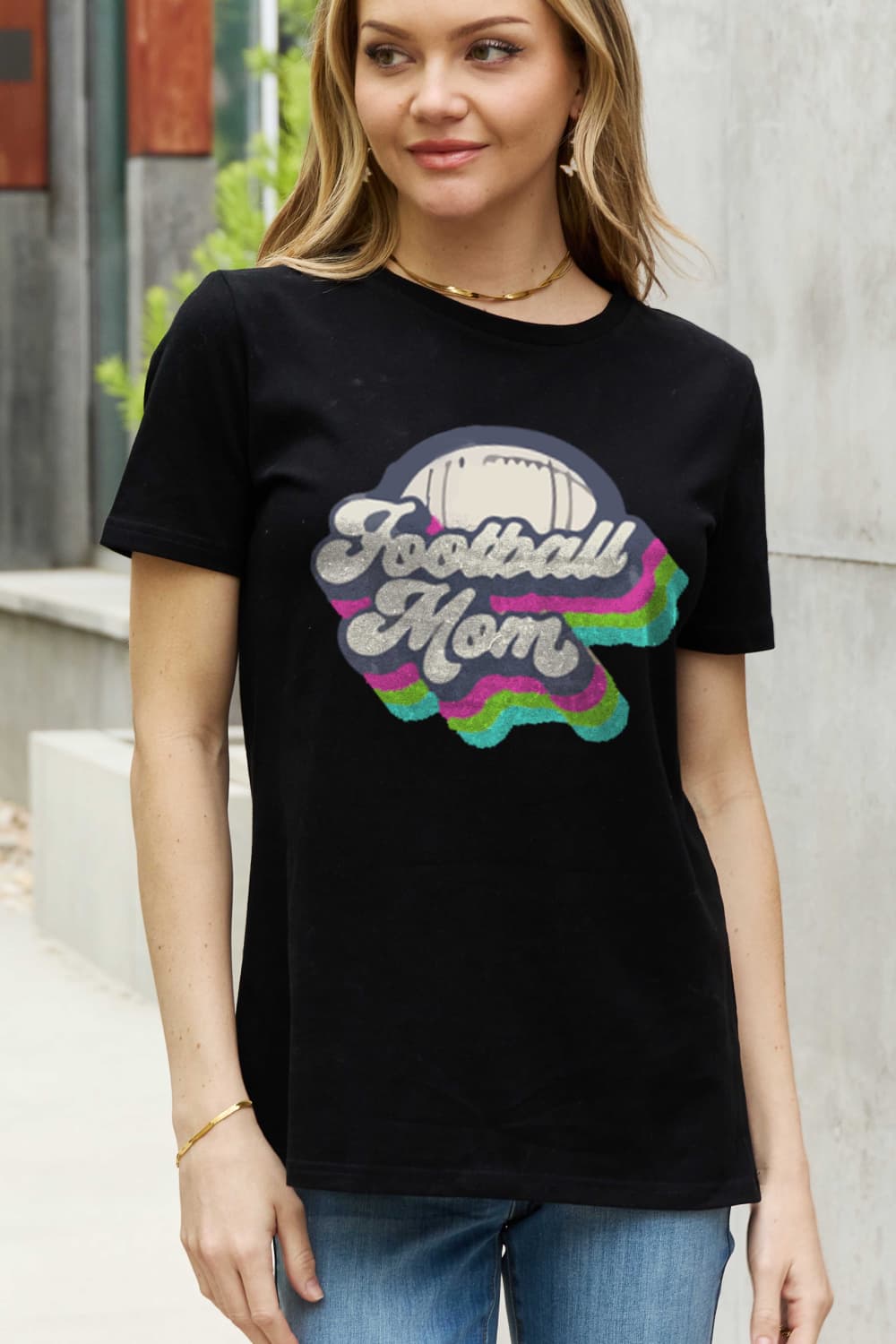 Simply Love Full Size FOOTBALL MOM Graphic Cotton Tee-Jewearrings