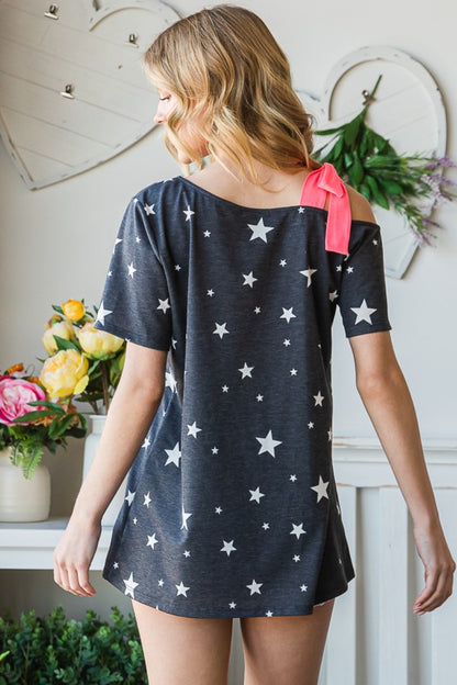 Heimish Full Size Star Print Asymmetrical Neck Short Sleeve Top-Jewearrings