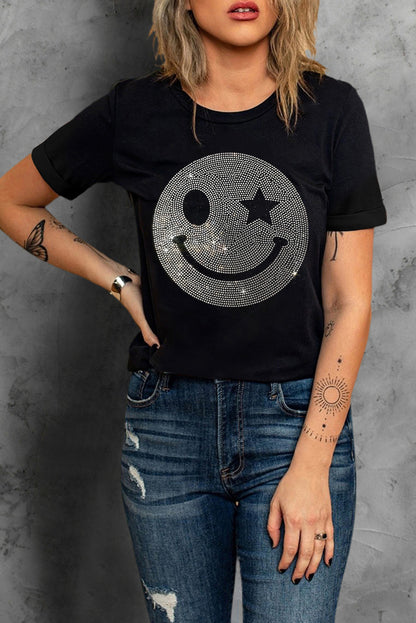 Rhinestone Smiley Round Neck Short Sleeve T-Shirt-Jewearrings