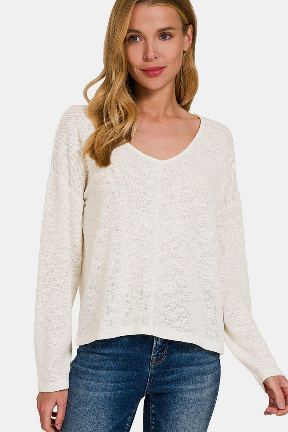 Zenana V-Neck Dropped Shoulder Long Sleeve T-Shirt-Jewearrings