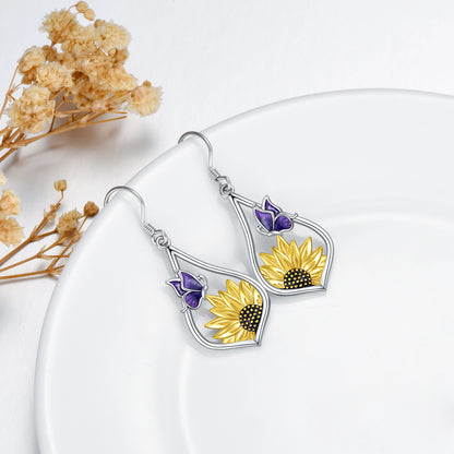 Sterling Silver Sunflower Dangle Earrings with Purple Butterfly Gift for Women-Jewearrings