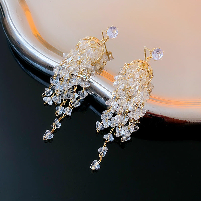 Real Gold Plating Silver Needle Zircon Tassel Dangle Earrings-Jewearrings