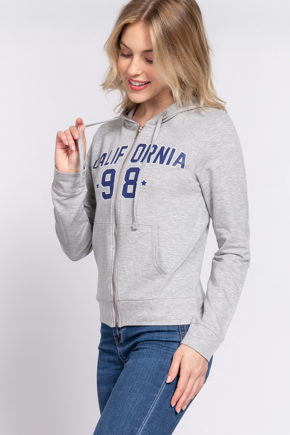 ACTIVE BASIC CALIFORNIA Zip Up Drawstring Long Sleeve Hoodie-Jewearrings