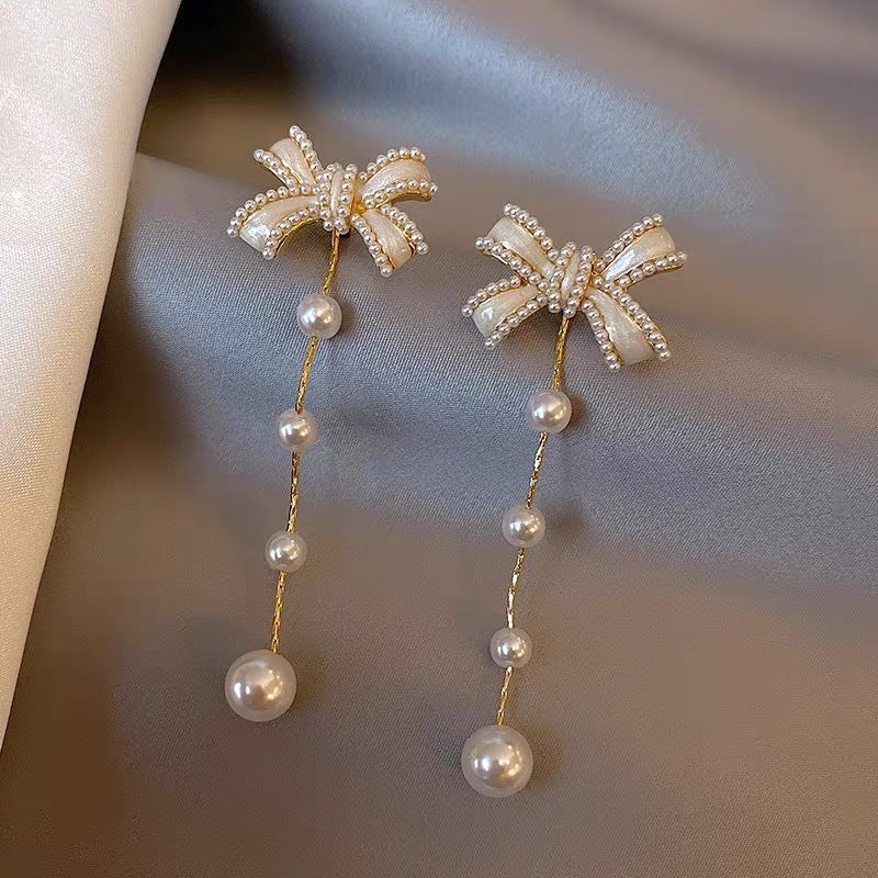 Temperament Bow Pearl Earrings Light Luxury Niche-Jewearrings