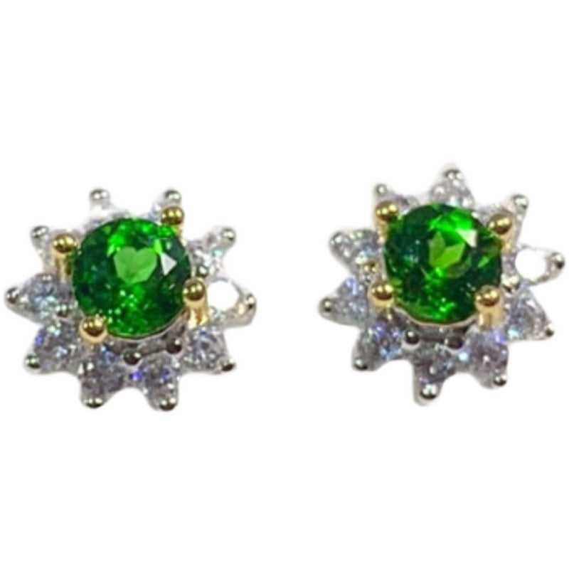 Emerald Diopside Round Sterling Silver Stud Earrings-Jewearrings