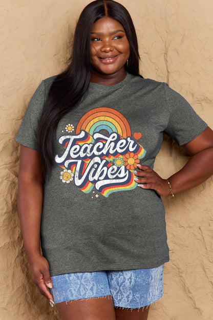 Simply Love Full Size TEACHER VIBES Graphic Cotton T-Shirt-Jewearrings