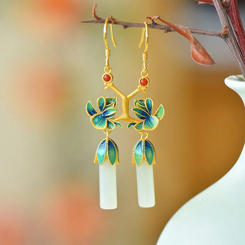 Flower S925 Silver Embeded Jade Eardrops Antique Earrings-Jewearrings