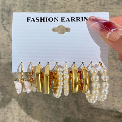 Round Ring Earrings Creative Vintage Pearl Ring Earrings Suit 5 Sets Acrylic Butterfly Pendant Earrings-Jewearrings