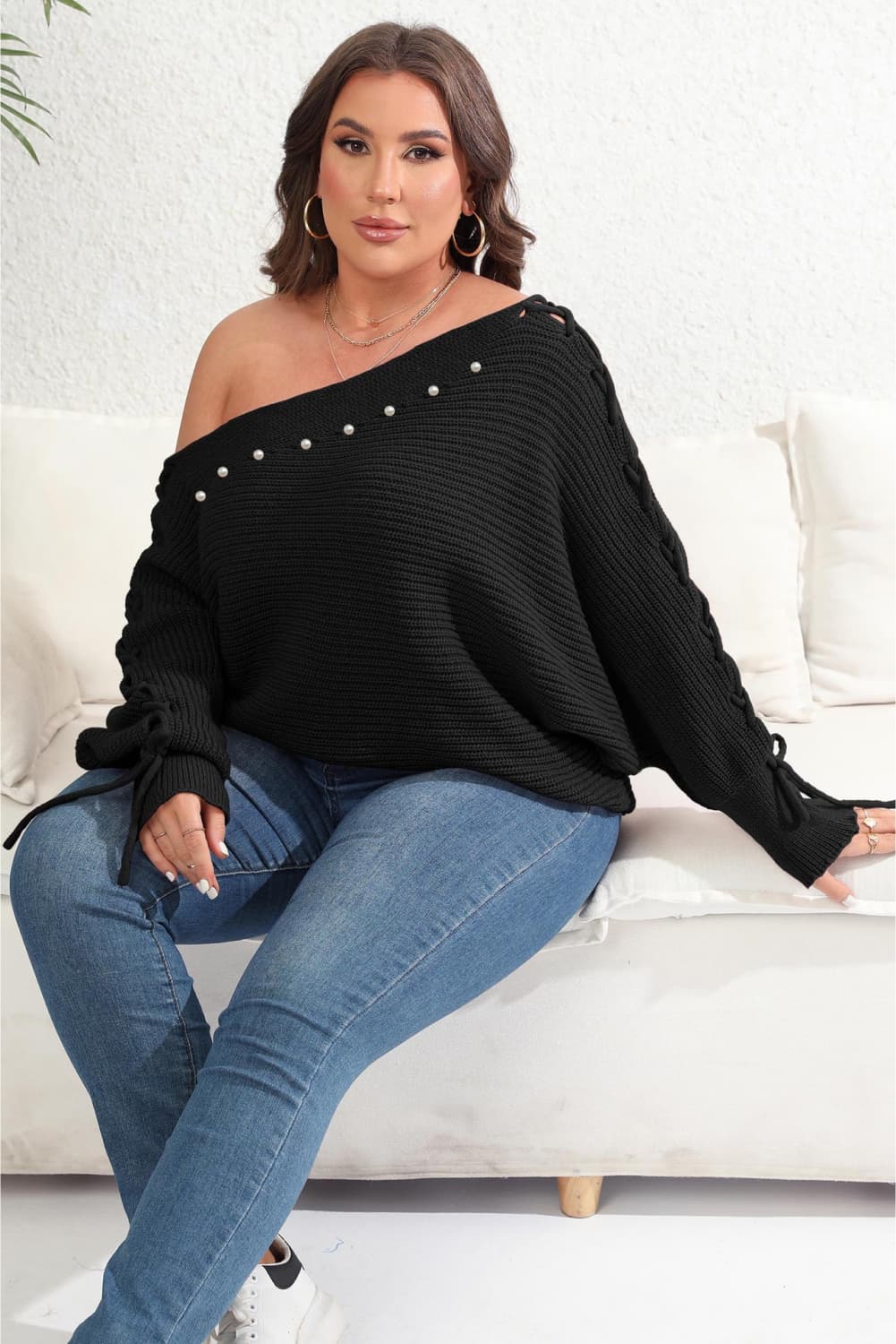 Plus Size One Shoulder Beaded Sweater-Jewearrings