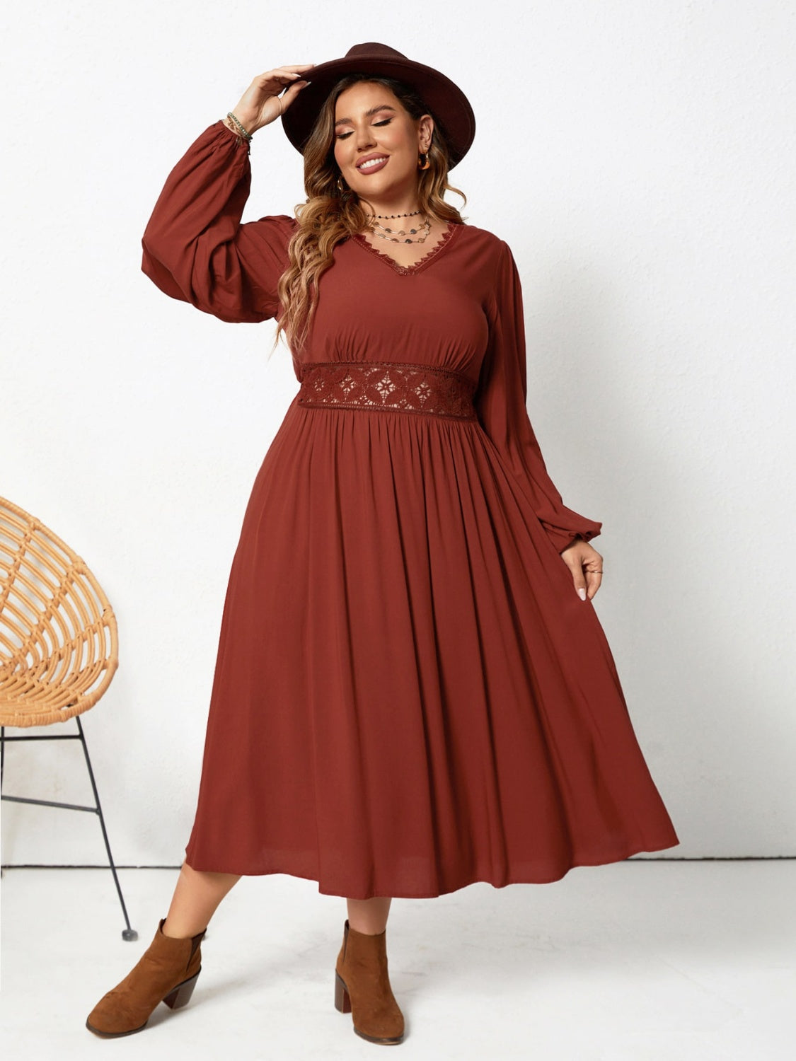 Plus Size Lace Detail V-Neck Balloon Sleeve Dress-Jewearrings