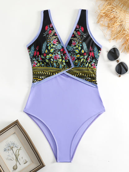 Printed Surplice Wide Strap One-Piece Swimwear-Jewearrings