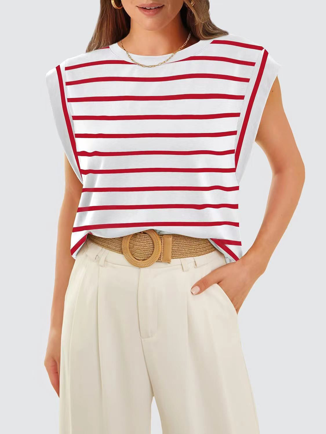 Striped Round Neck Cap Sleeve T-Shirt-Jewearrings